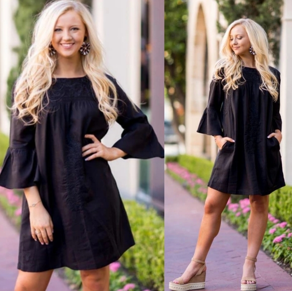 J.Marie Dresses & Skirts - J. MARIE Black Embroidered Dress w/ Bell Sleeves